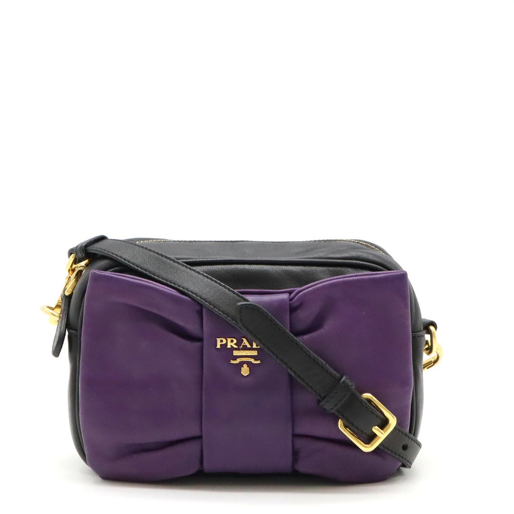 Prada Ribbon Motif Shoulder Bag Pochette Clutch Nappa Leather Purple Black